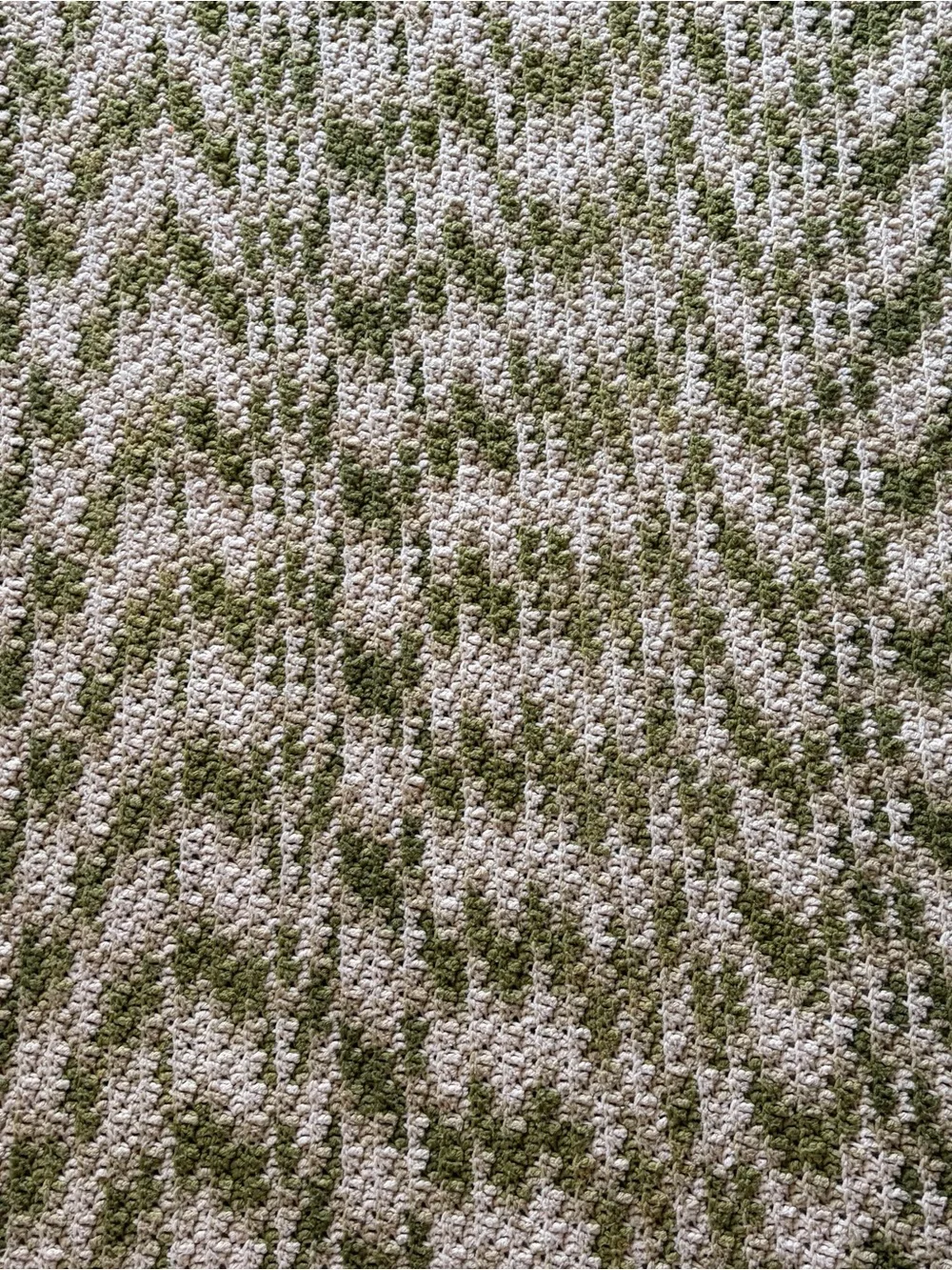 Vtg Hand-Crochet Ripple Blanket Chevron Style Zig-Zag Olive Green Full 87”x76”